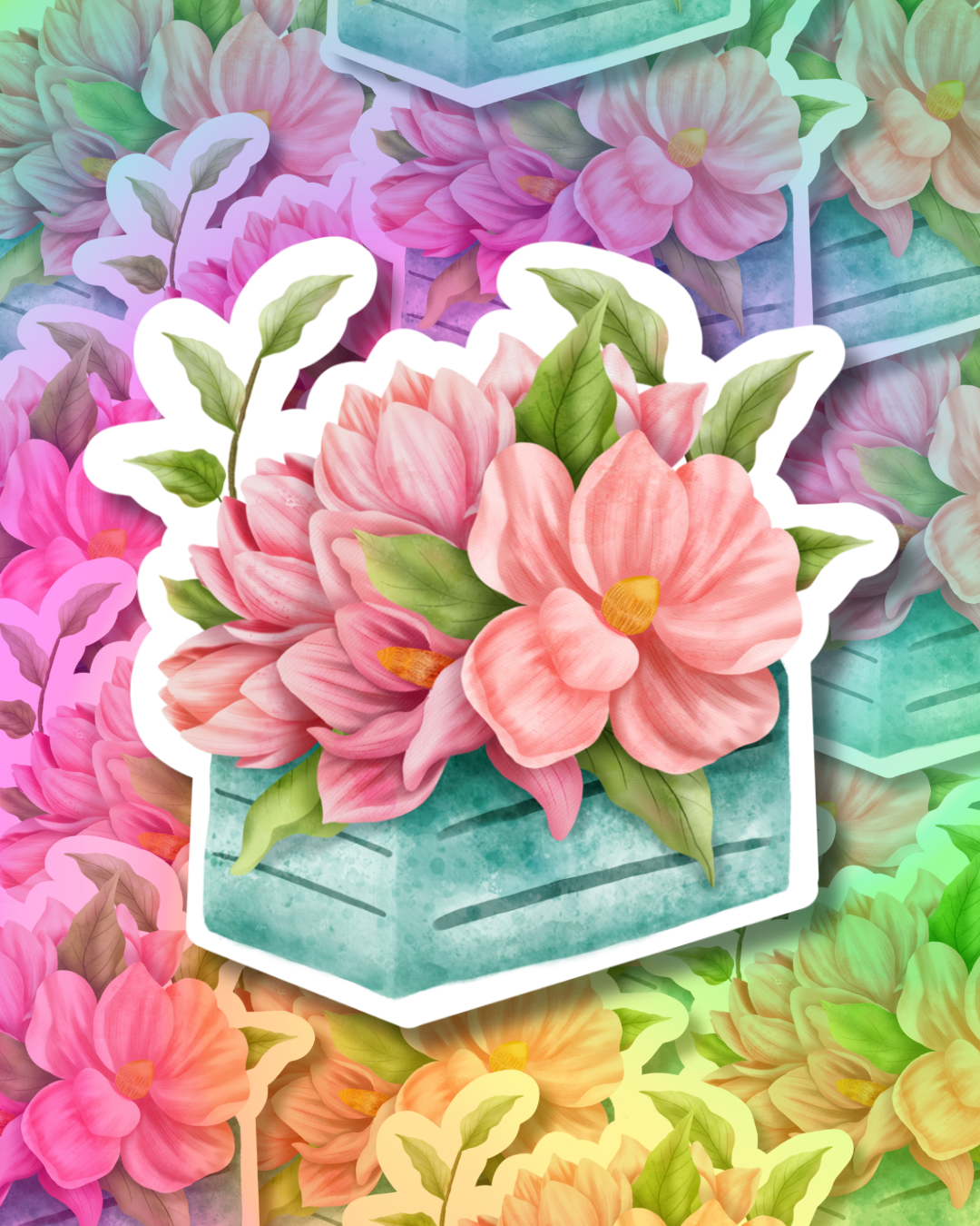 Cyan Flower Basket Vinyl Sticker