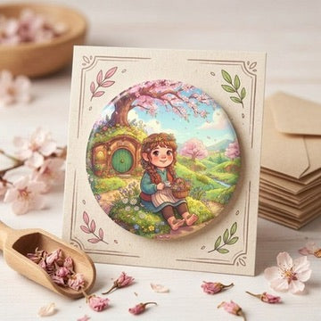 Hobbit Girl Picnic Big Button Pin