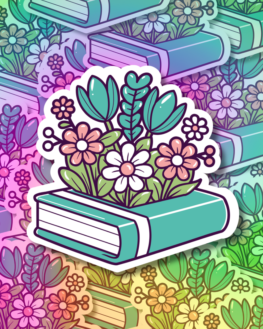 Flowered Blue Book Vinyl Sticker