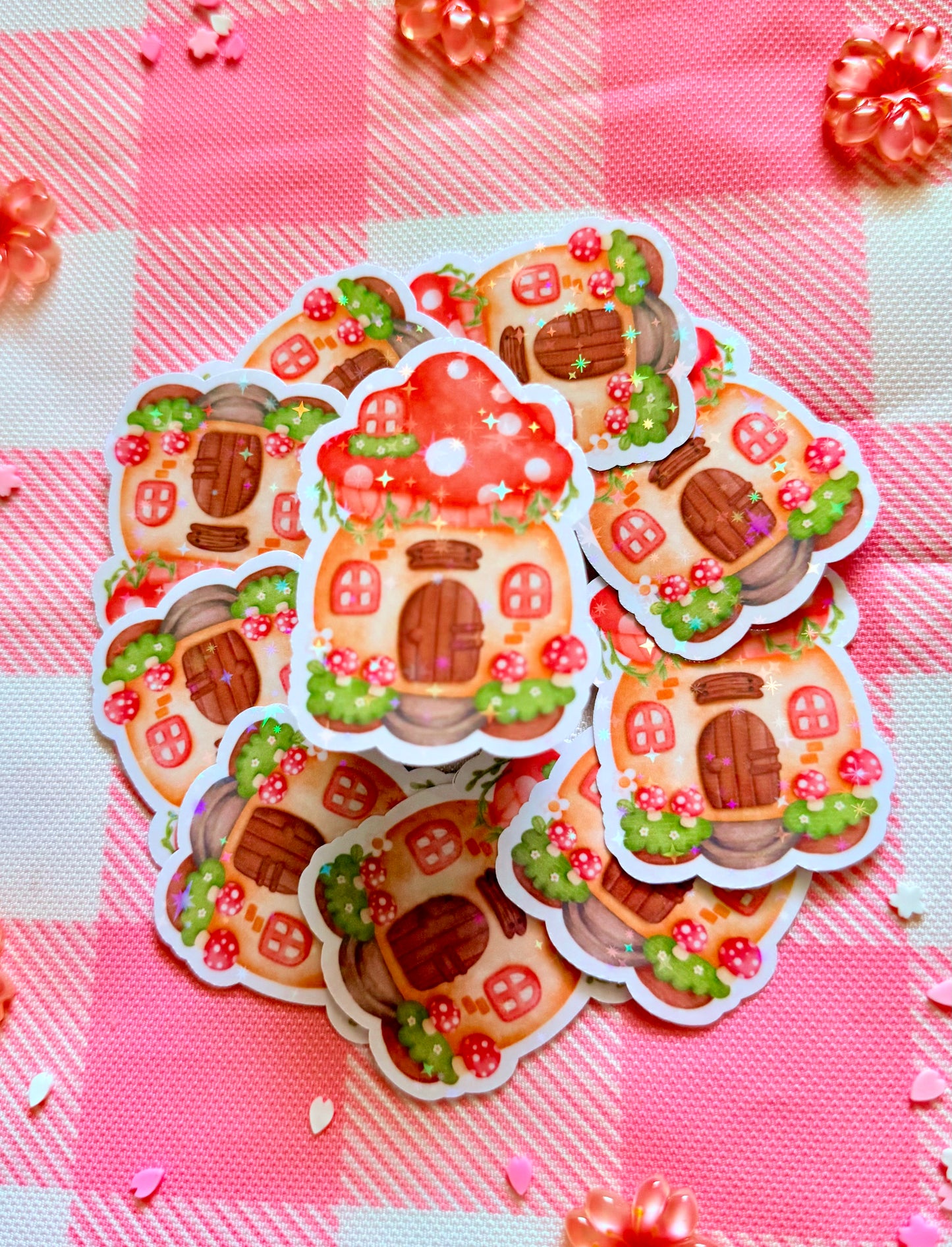 Fungi Pink House Holographic Vinyl Sticker