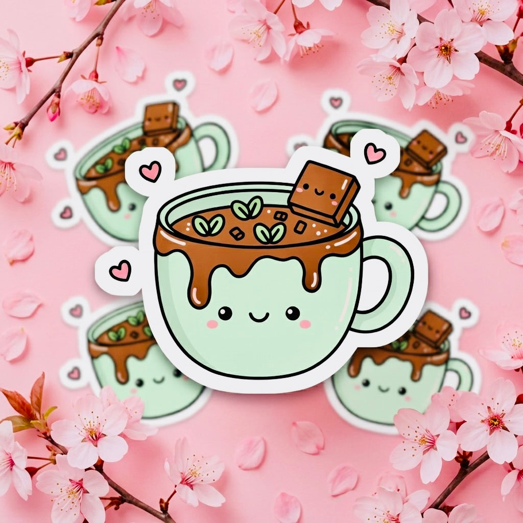 Mint Hot Cocoa Kawaii Glossy Vinyl Sticker | Waterproof 2.5" Cute Aesthetic Decal for Water Bottles, Laptops, & Journals