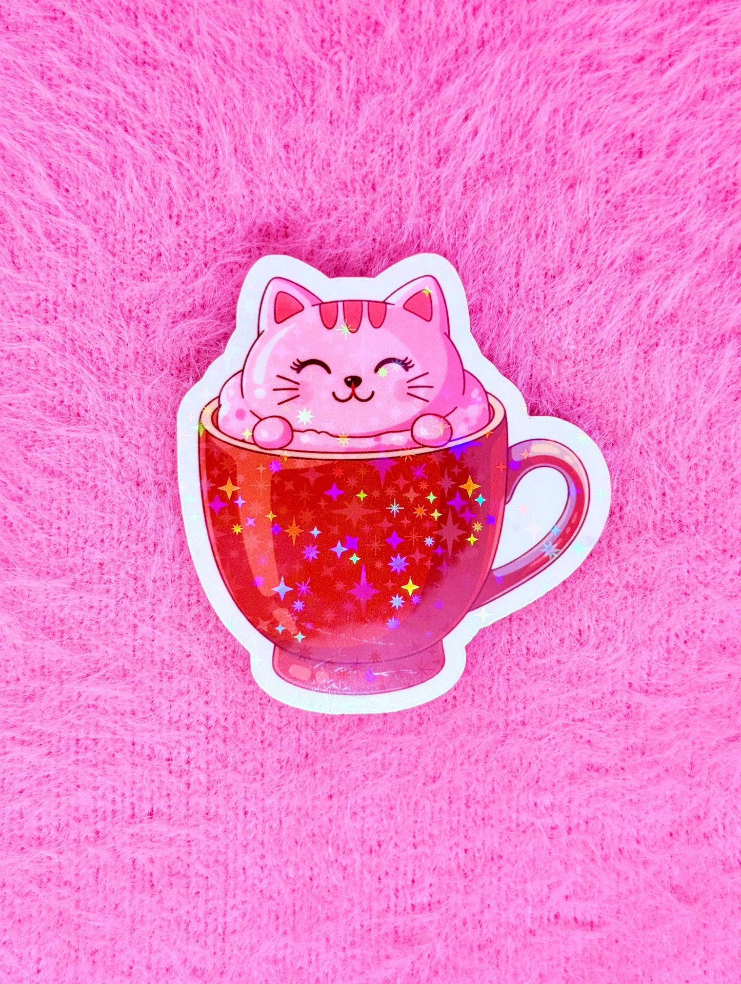 Hot Cocoa Cat Holographic Vinyl Sticker