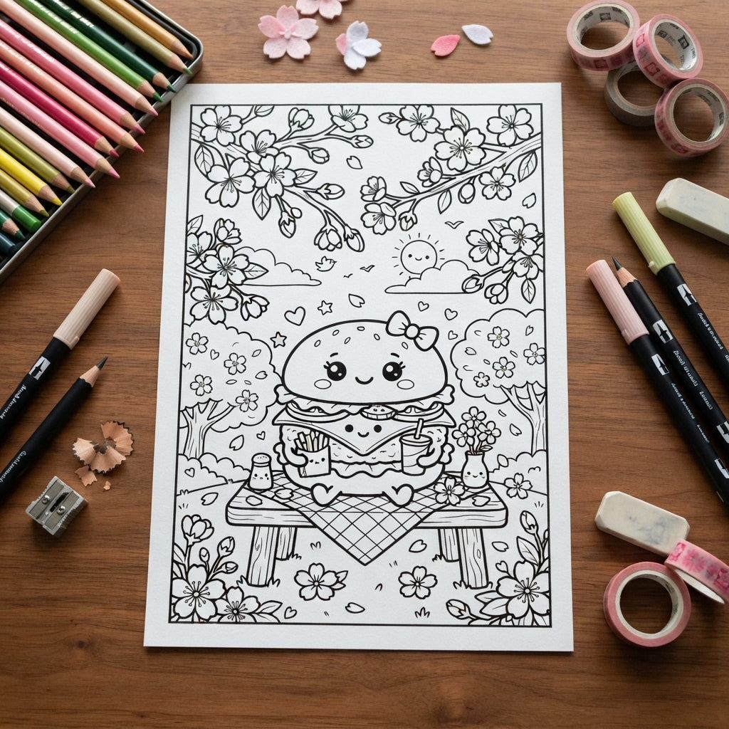 Cheeseburger Picnic Table 4"x 6" Digital Coloring Page
