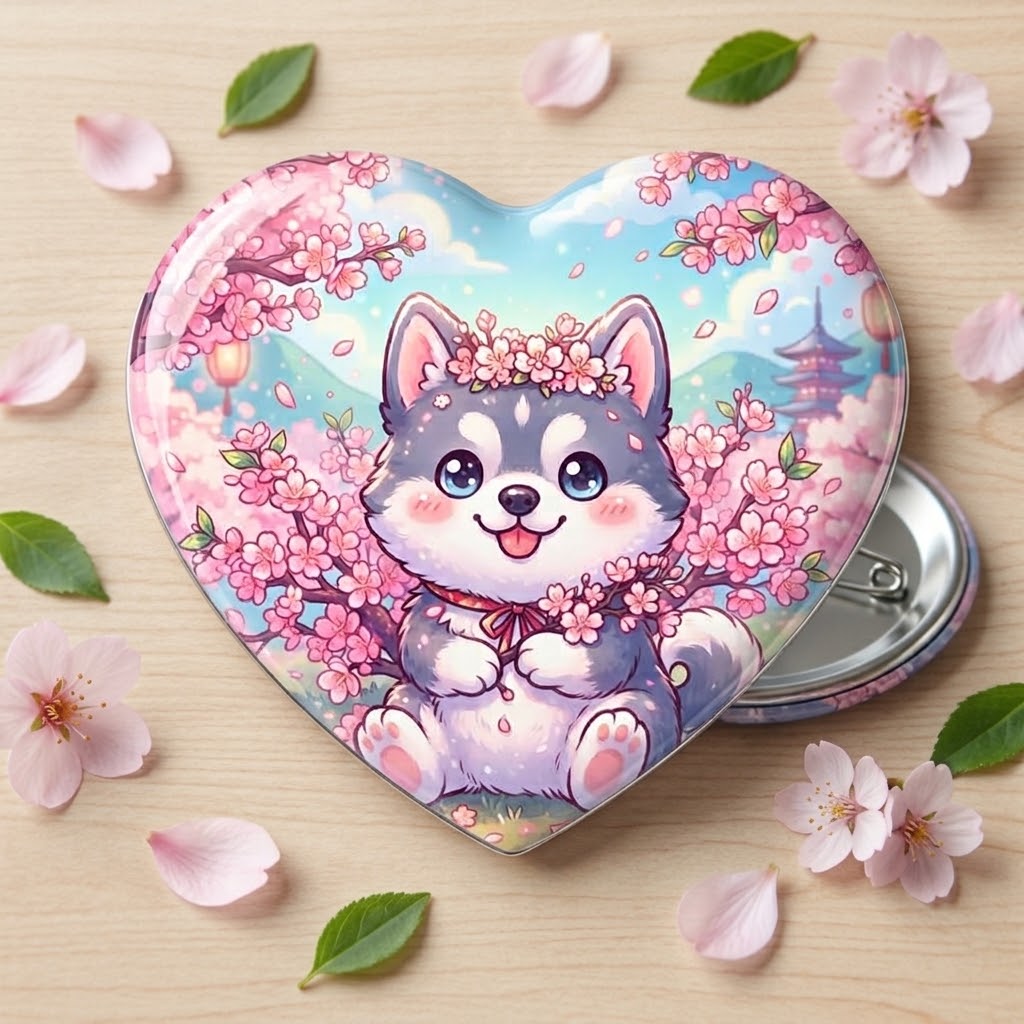 Sakura Husky Heart Button Pin