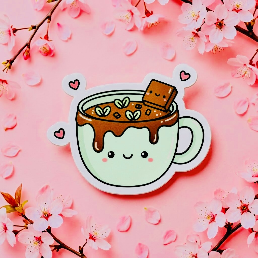Mint Hot Cocoa Kawaii Glossy Vinyl Sticker | Waterproof 2.5" Cute Aesthetic Decal for Water Bottles, Laptops, & Journals