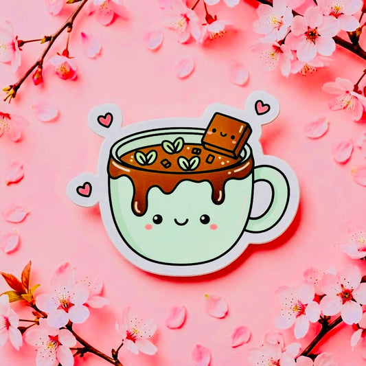 Mint Hot Cocoa Kawaii Glossy Vinyl Sticker | Waterproof 2.5" Cute Aesthetic Decal for Water Bottles, Laptops, & Journals
