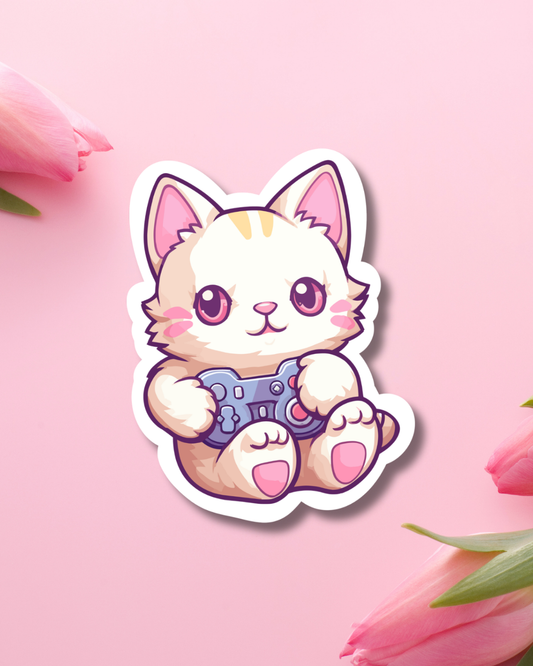 Amused Gamer Cat Vinyl Sticker
