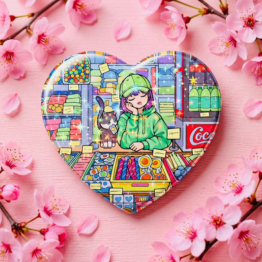 Candy Shop Bliss Kawaii Star Holographic Heart Button Pin | Cute Aesthetic Bag Accessory