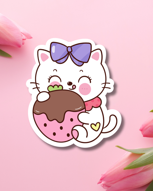 Chocolate Strawberry Cat Vinyl Sticker