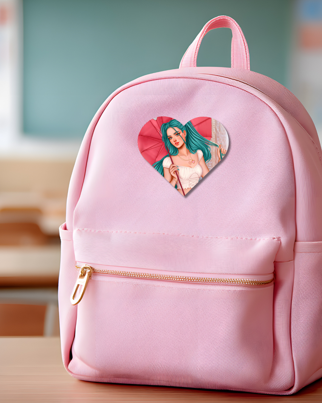 Cyan Hair Girl Heart Button Pin