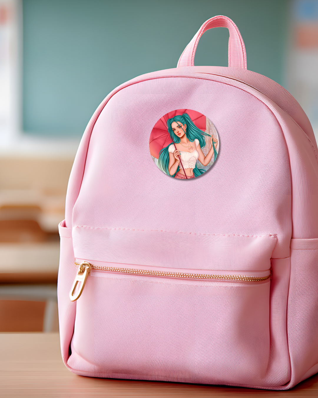 Cyan Girl Hair Button Pin