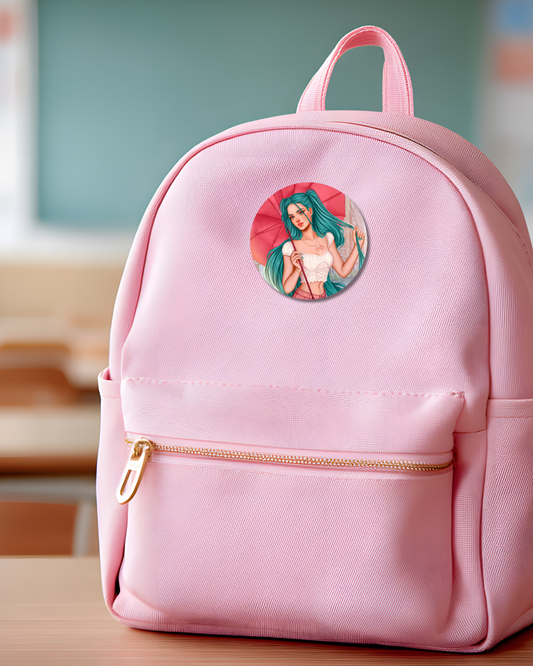 Cyan Girl Hair Button Pin