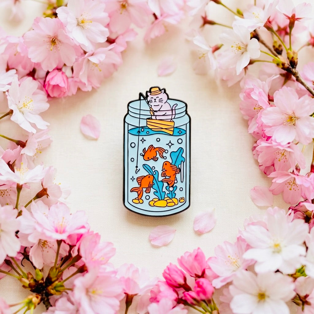 Fishing Cat Kawaii Cute Enamel Pin | Aesthetic Pastel Backpack & Jacket Lapel Pin