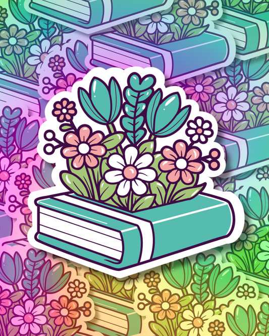 Flowered Blue Book Vinyl Sticker