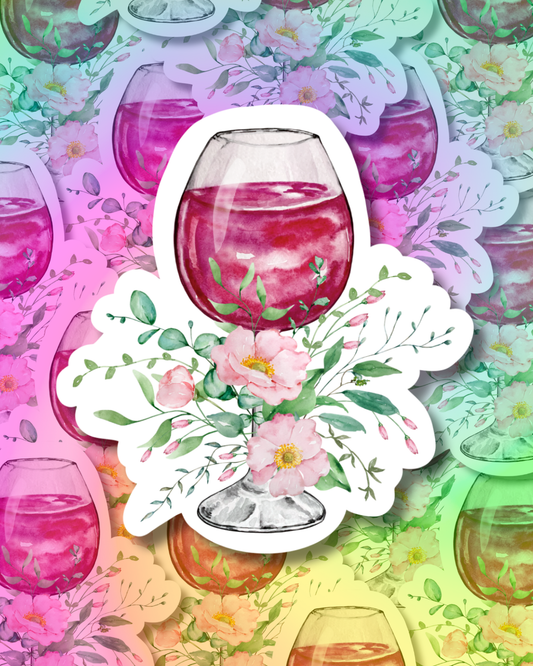 Flowered Glass of Wine Vinyl Sticker