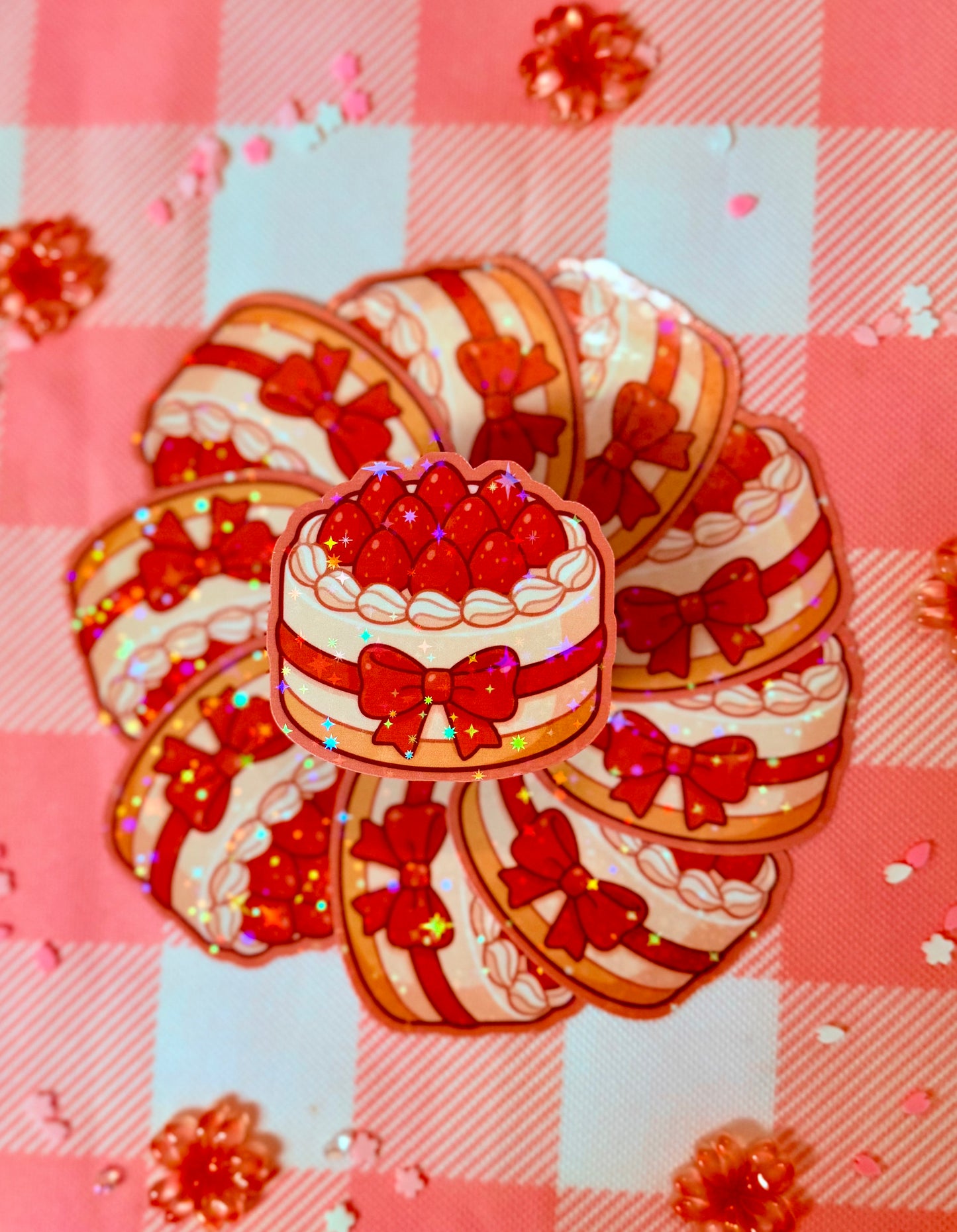 Strawberry Bow Cake Holographic Vinyl Sticker
