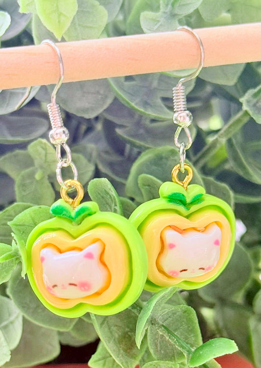 Green Apple Cats Gifts Earrings