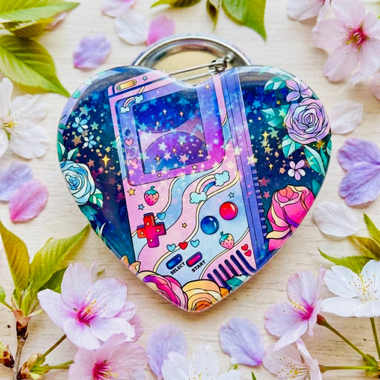 Gamer Dream Kawaii Star Holographic Heart Button Pin | Cute Aesthetic Bag Accessory