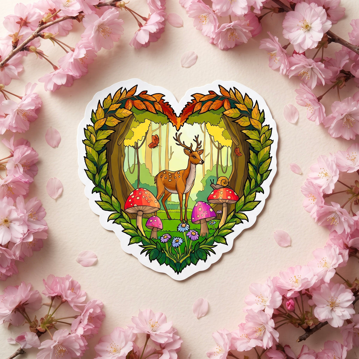 Heart Deer Forest Kawaii Glossy Vinyl Sticker | Waterproof 2.5" Cute Aesthetic Decal for Water Bottles, Laptops, & Journals