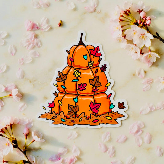 Pumpkin Maple Leaf Stack Kawaii Glossy Vinyl Sticker | Waterproof 2.5" Cute Aesthetic Decal for Water Bottles, Laptops, & Journals