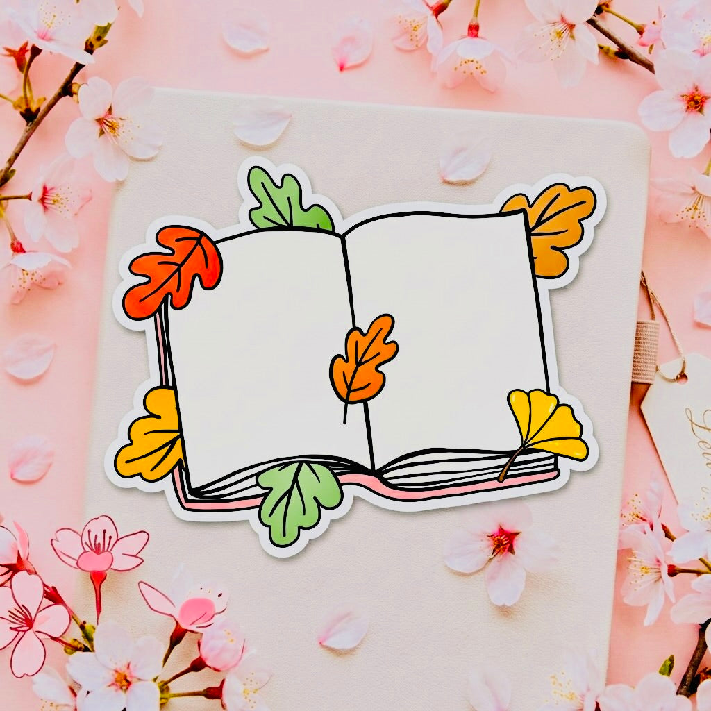 Maple Leaf Book Kawaii Glossy Vinyl Sticker | Waterproof 2.5" Cute Aesthetic Decal for Water Bottles, Laptops, & Journals