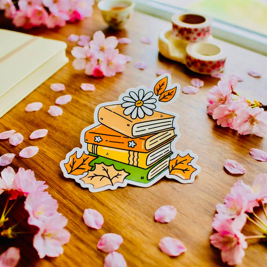 Daisy Book Stack Kawaii Glossy Vinyl Sticker | Waterproof 2.5" Cute Aesthetic Decal for Water Bottles, Laptops, & Journals