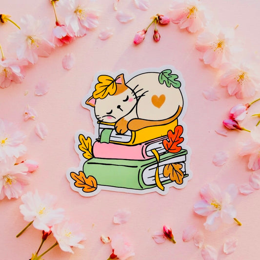 Maple Leaf Cat Book Stack Kawaii Glossy Vinyl Sticker | Waterproof 2.5" Cute Aesthetic Decal for Water Bottles, Laptops, & Journals