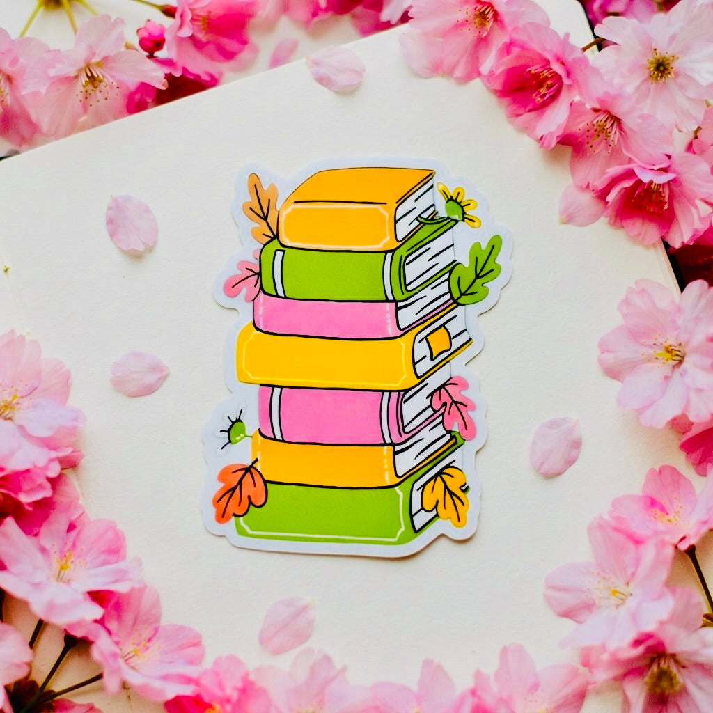 Maple Leaf Pastel Book Stack Kawaii Glossy Vinyl Sticker | Waterproof 2.5" Cute Aesthetic Decal for Water Bottles, Laptops, & Journals
