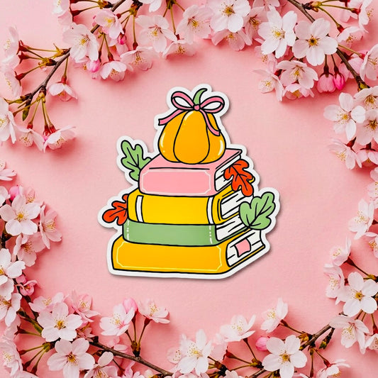 Pumpkin Book Stack Kawaii Glossy Vinyl Sticker | Waterproof 2.5" Cute Aesthetic Decal for Water Bottles, Laptops, & Journals