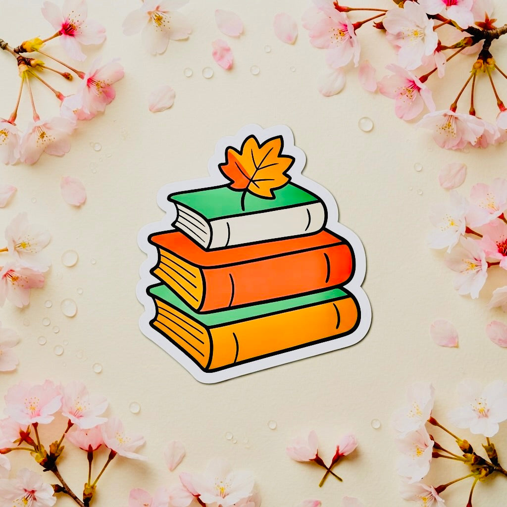 Maple Leaf Book Stack Kawaii Glossy Vinyl Sticker | Waterproof 2.5" Cute Aesthetic Decal for Water Bottles, Laptops, & Journals