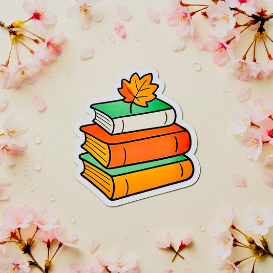 Maple Leaf Book Stack Kawaii Glossy Vinyl Sticker | Waterproof 2.5" Cute Aesthetic Decal for Water Bottles, Laptops, & Journals