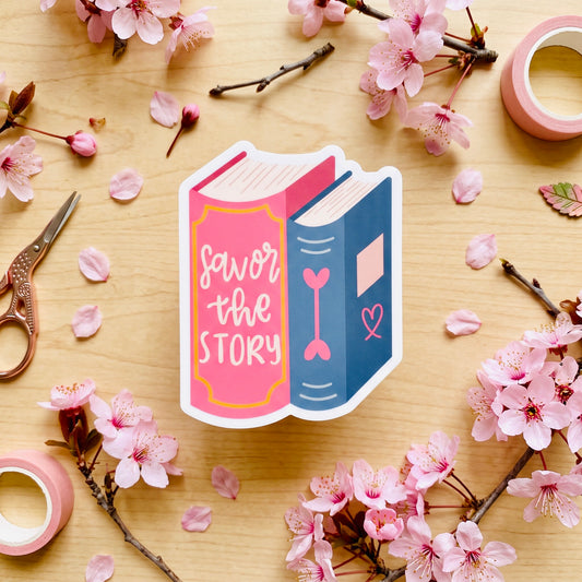 Savor The Story Kawaii Glossy Vinyl Sticker | Waterproof 2.5" Cute Aesthetic Decal for Water Bottles, Laptops, & Journals