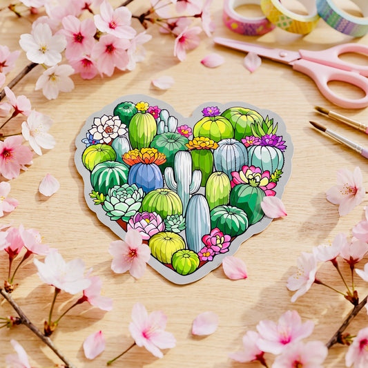 Heart Cactus Kawaii Glossy Vinyl Sticker | Waterproof 2.5" Cute Aesthetic Decal for Water Bottles, Laptops, & Journals