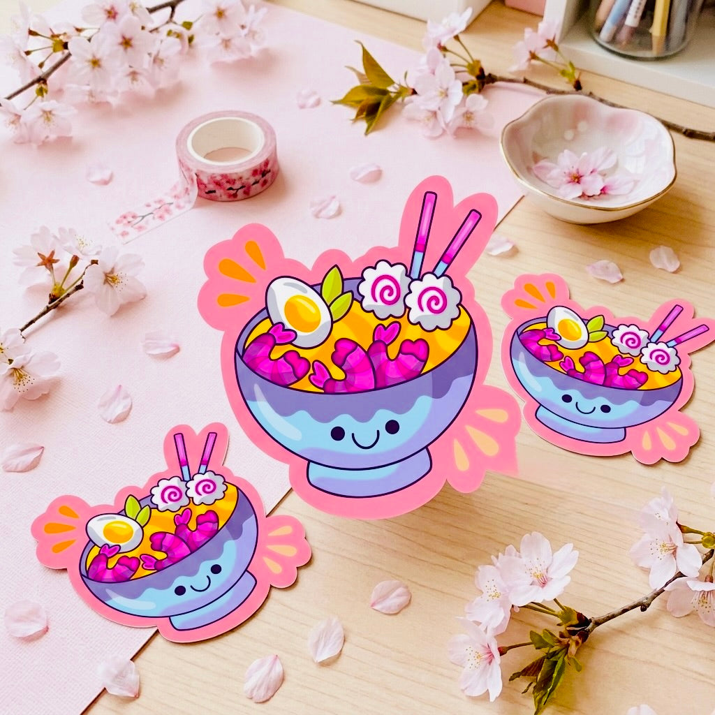 Pink Ramen Kawaii Glossy Vinyl Sticker | Waterproof 2.5" Cute Aesthetic Decal for Water Bottles, Laptops, & Journals