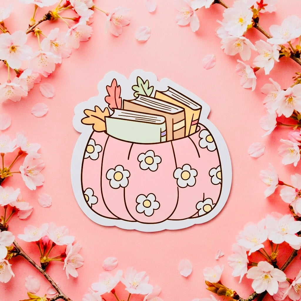 Pink Pumpkin Books Kawaii Glossy Vinyl Sticker | Waterproof 2.5" Cute Aesthetic Decal for Water Bottles, Laptops, & Journals