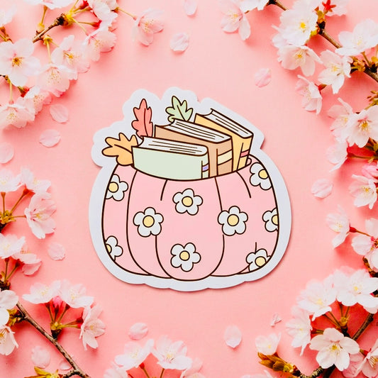 Pink Pumpkin Books Kawaii Glossy Vinyl Sticker | Waterproof 2.5" Cute Aesthetic Decal for Water Bottles, Laptops, & Journals