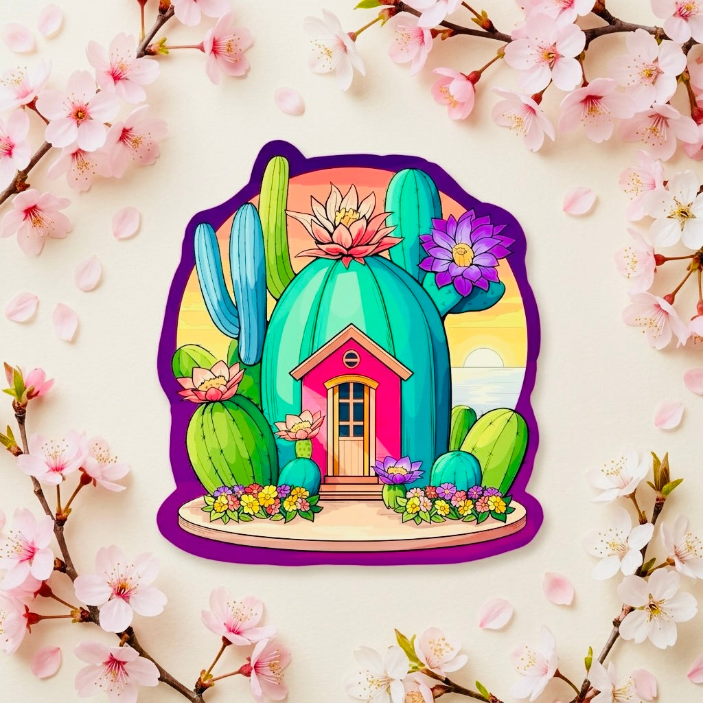Cactus Home Kawaii Glossy Vinyl Sticker | Waterproof 2.5" Cute Aesthetic Decal for Water Bottles, Laptops, & Journals