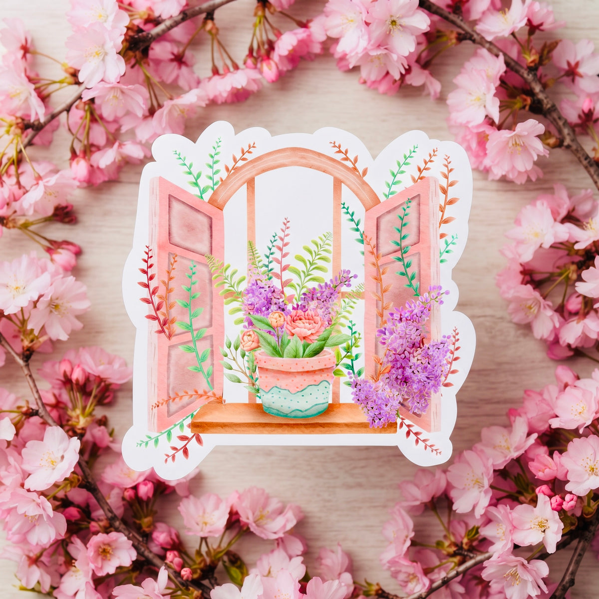Pink Window Kawaii Glossy Vinyl Sticker | Waterproof 2.5" Cute Aesthetic Decal for Water Bottles, Laptops, & Journals