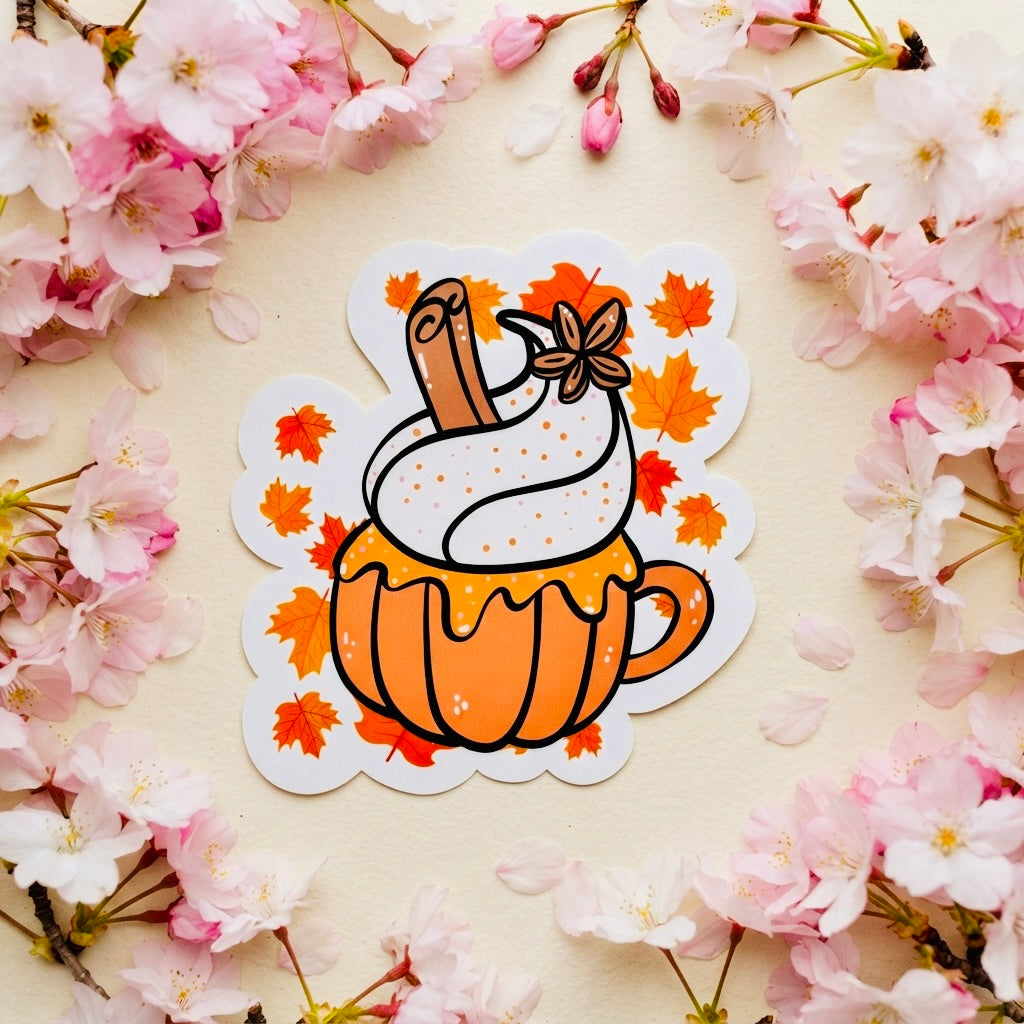 Pumpkin Spicy Kawaii Glossy Vinyl Sticker | Waterproof 2.5" Cute Aesthetic Decal for Water Bottles, Laptops, & Journals
