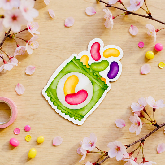 Jelly Bean Bag Kawaii Glossy Vinyl Sticker | Waterproof 2.5" Cute Aesthetic Decal for Water Bottles, Laptops, & Journals