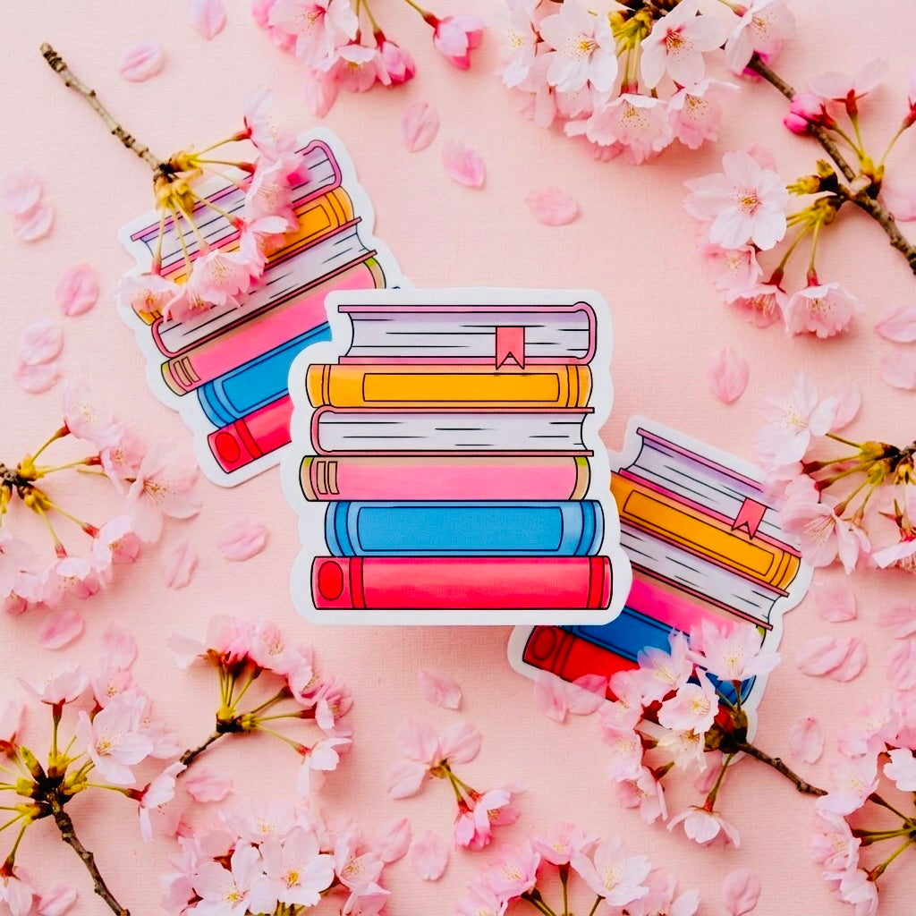 Summer Book Stack Kawaii Glossy Vinyl Sticker | Waterproof 2.5" Cute Aesthetic Decal for Water Bottles, Laptops, & Journals