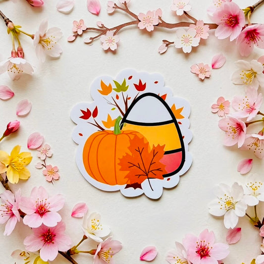Pumpkin Candy Corn Kawaii Glossy Vinyl Sticker | Waterproof 2.5" Cute Aesthetic Decal for Water Bottles, Laptops, & Journals