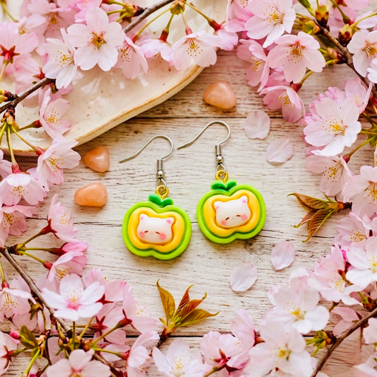 Green Apple Cats Gifts Adorable Kawaii Acrylic & Resin Dangle Earrings | Cute Japanese Aesthetic Gift