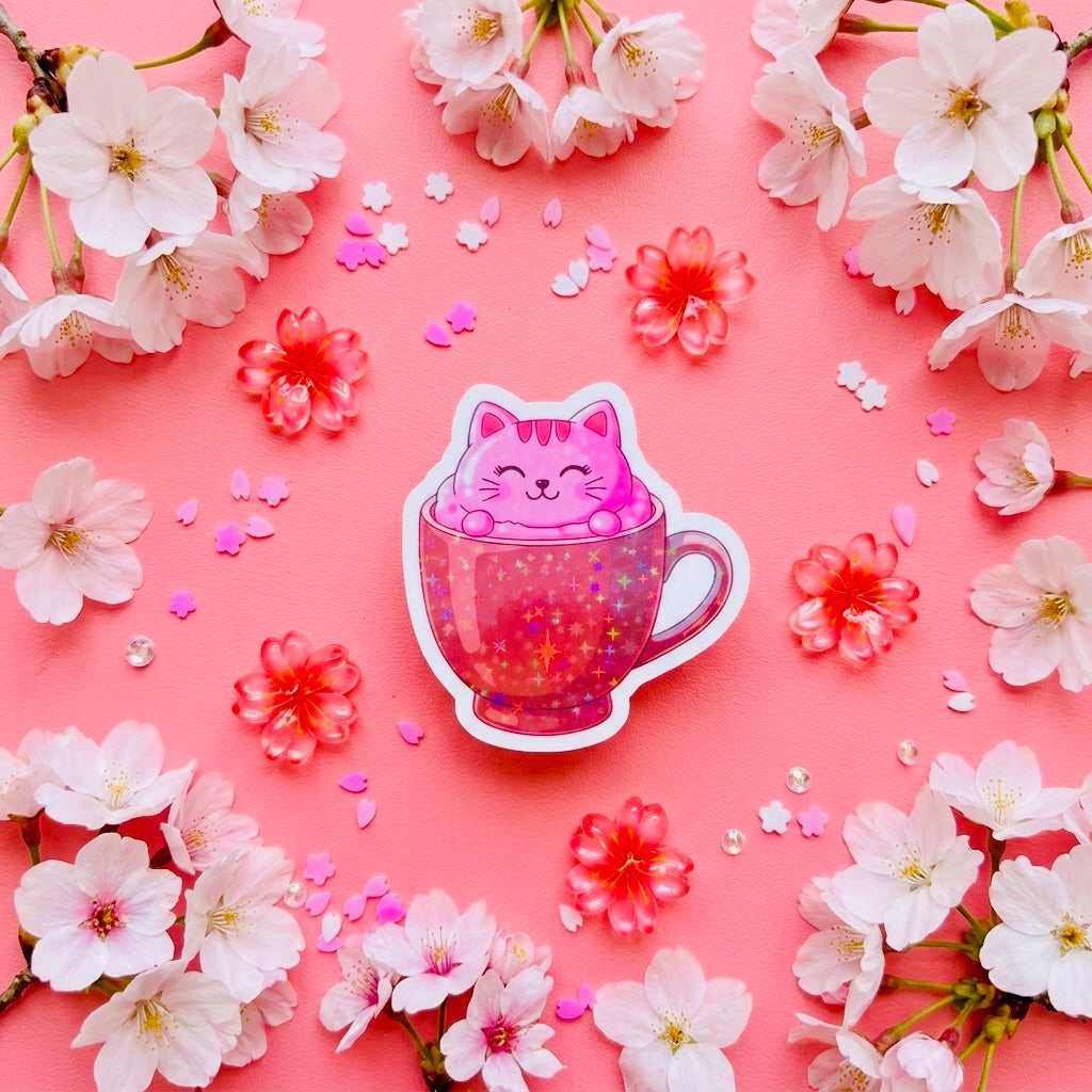 Hot Cocoa Cat Kawaii 2.5” Star Holographic Die-Cut Sticker | Cute Cosmic Aesthetic Decal