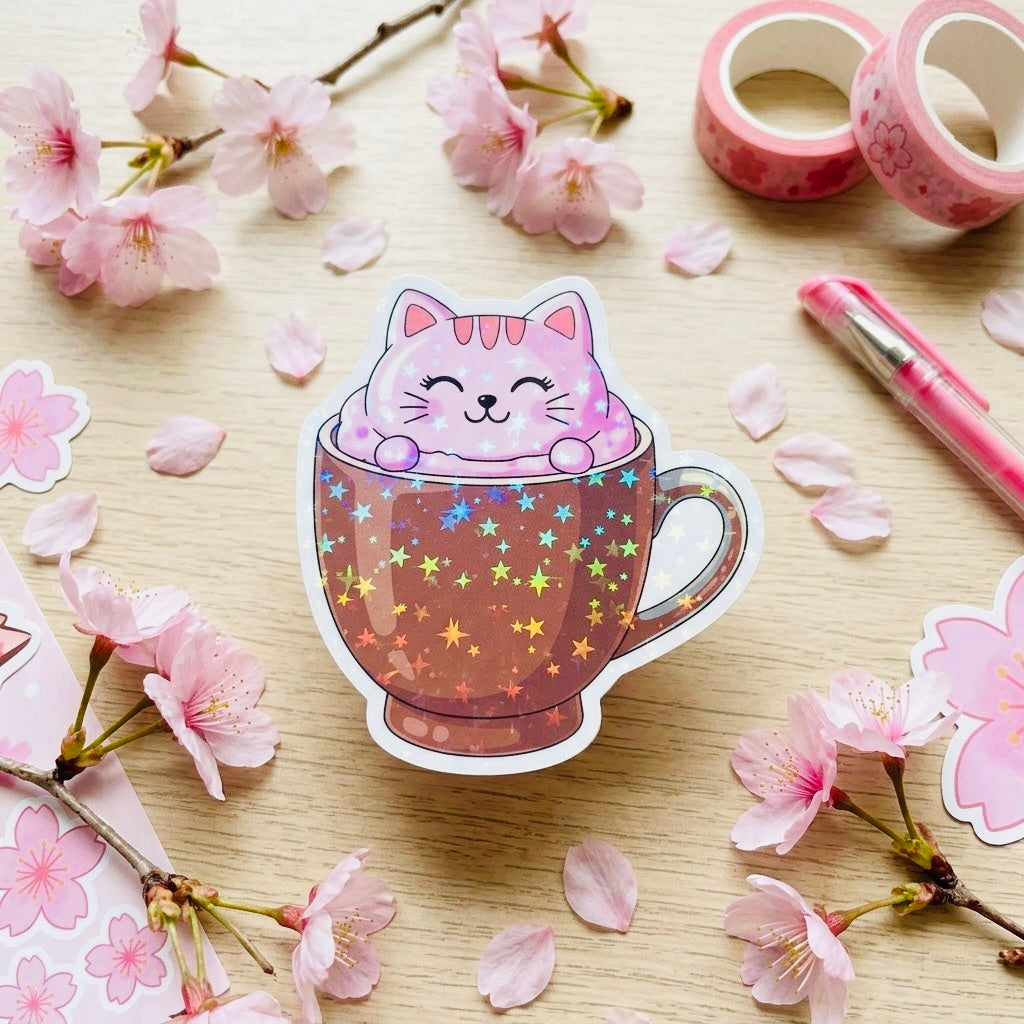 Hot Cocoa Cat Kawaii 2.5” Star Holographic Die-Cut Sticker | Cute Cosmic Aesthetic Decal