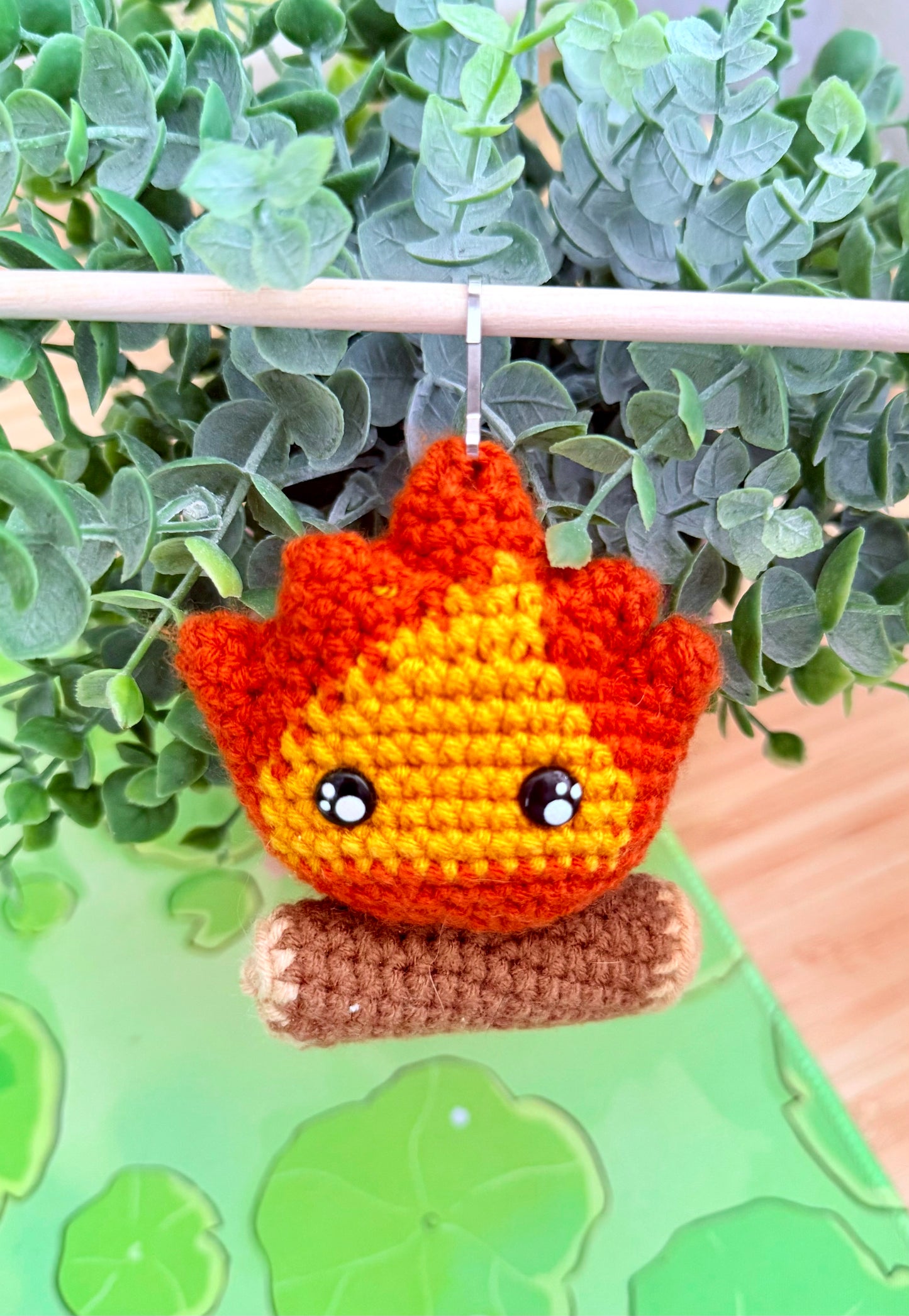 Hand-Knitted Calcifer Plushie Keychain – Cozy Studio Ghibli Inspired Bag Charm