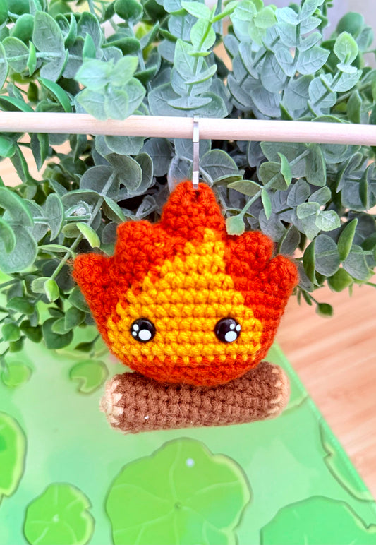 Hand-Knitted Calcifer Plushie Keychain – Cozy Studio Ghibli Inspired Bag Charm