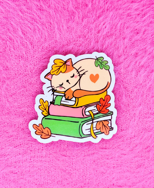 Maple Leaf Cat Book Stack Vinyl Sticker