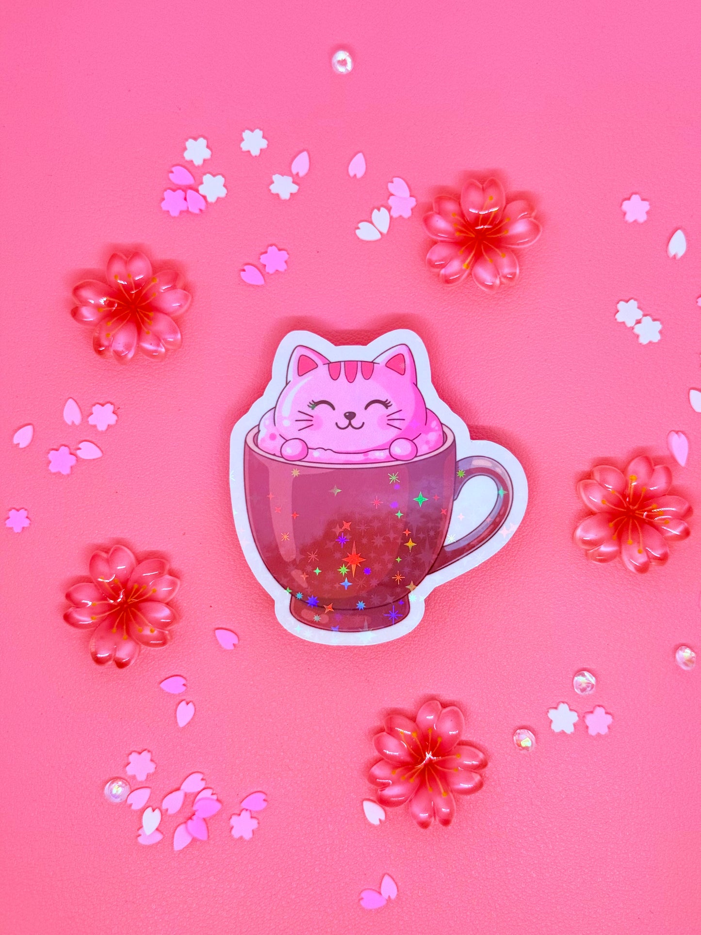 Hot Cocoa Cat Holographic Vinyl Sticker