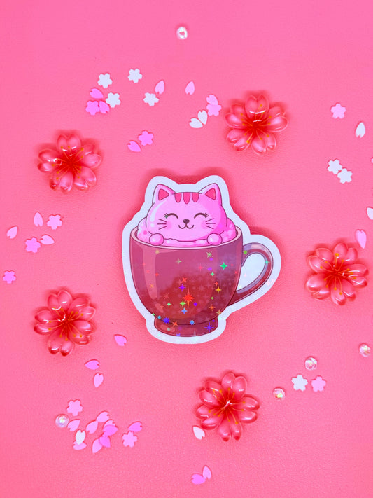 Hot Cocoa Cat Holographic Vinyl Sticker